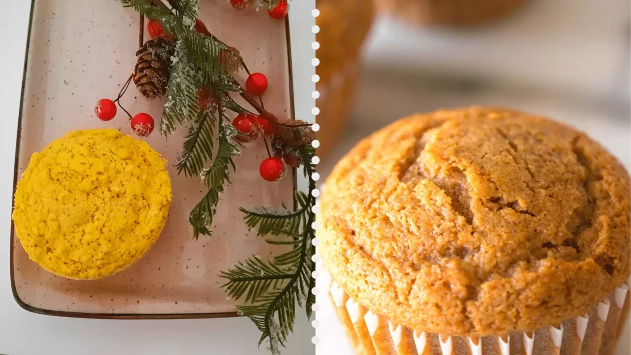 Esta imagem ilustra um bolo de laranja na caneca, com decoração de natal e um bolo de canela