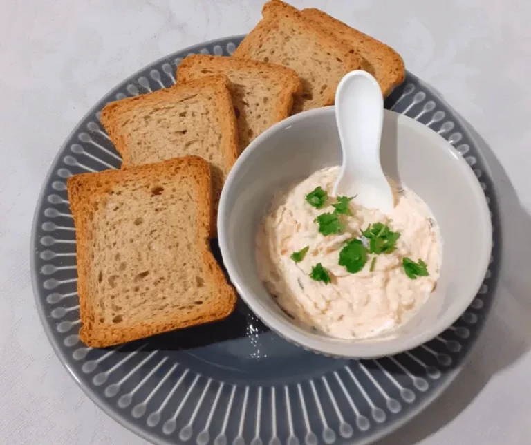 Pate de salmão com tostas integrais em prato cinzento