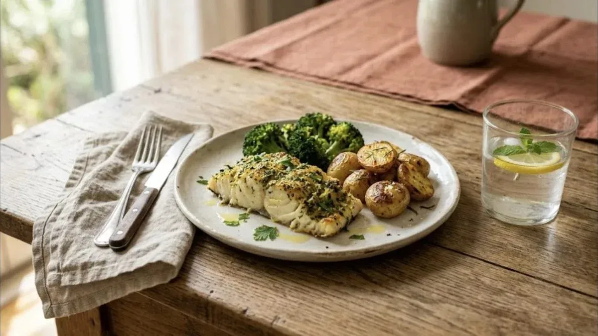 Refeição com filete de pescada assado, brócolos e batatas pequenas num prato de cerâmica sobre mesa de madeira