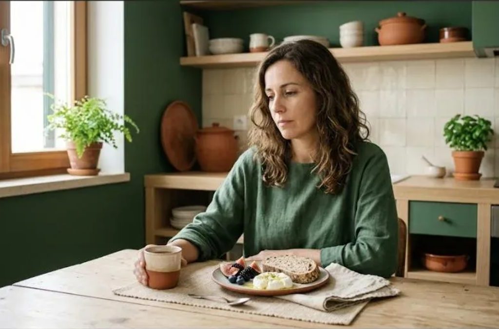 Mulher sentada à mesa da cozinha com pão de mistura, queijo fresco e fruta ao pequeno-almoço
