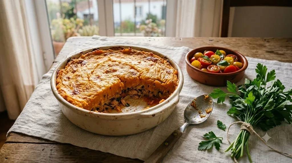 Empadão de batata-doce com atum num prato de forno, jantar saudável para toda a família
