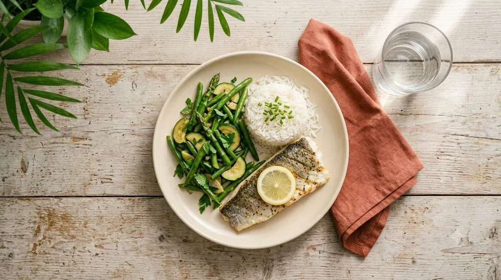 Prato visto de cima com peixe grelhado, legumes verdes salteados e arroz, ao lado de um guardanapo de linho e um copo de água