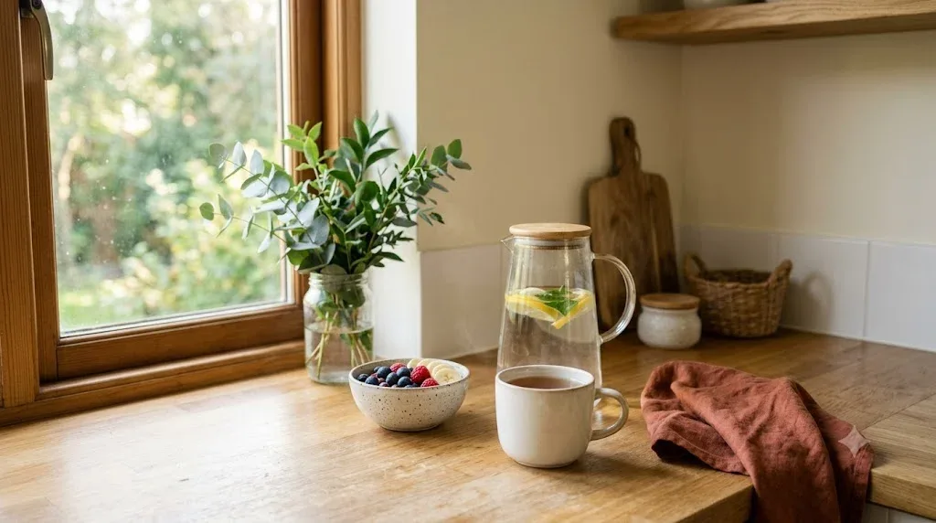 Bancada de cozinha ao início da manhã com uma caneca de chá, um jarro de água com limão e uma taça de fruta fresca