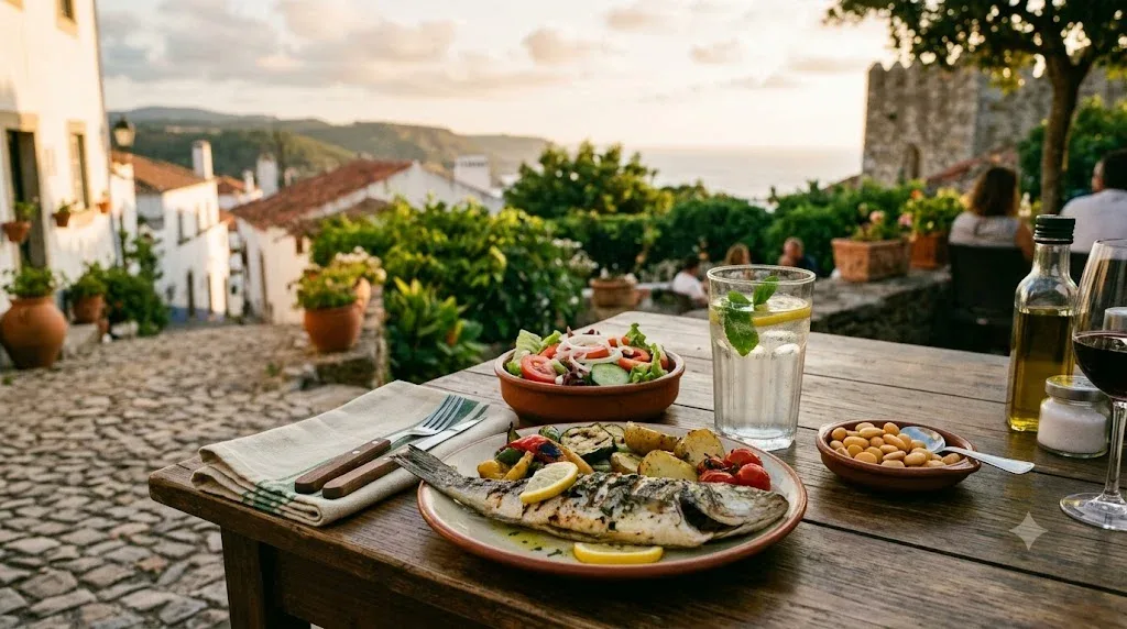Mesa de esplanada portuguesa ao fim da tarde com peixe grelhado, salada, tremoços e um copo de água com limão