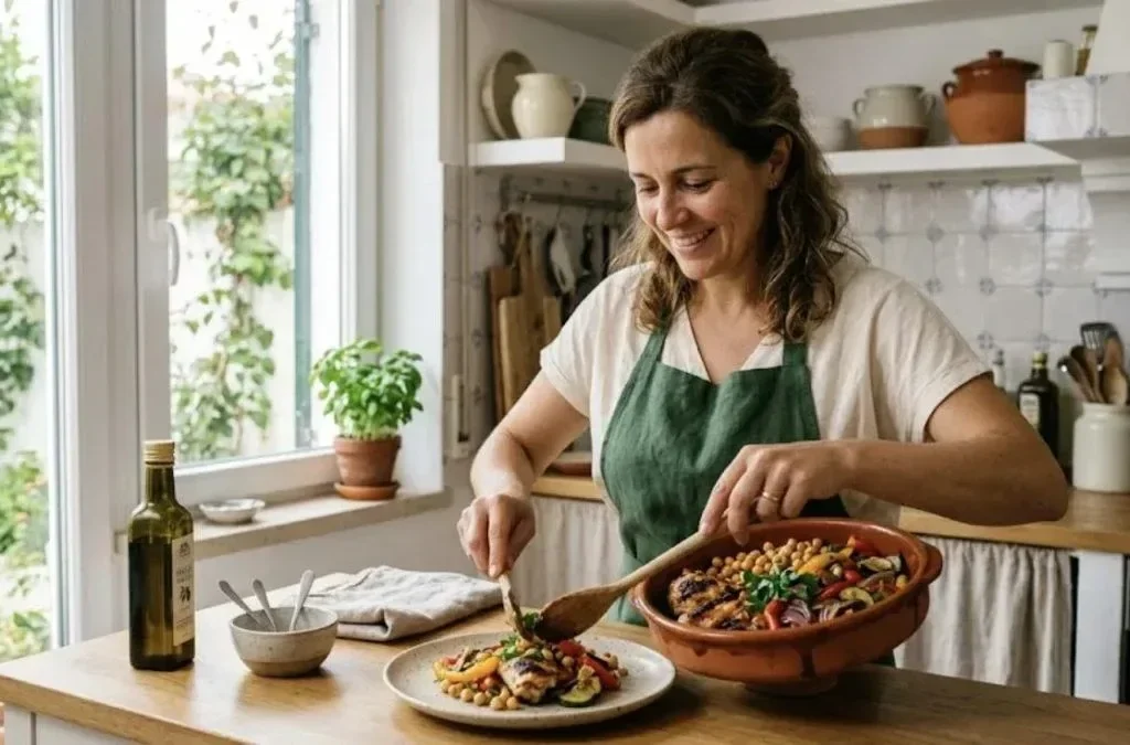 Mulher a servir uma refeição com frango grelhado, grão-de-bico e legumes numa cozinha com luz natural
