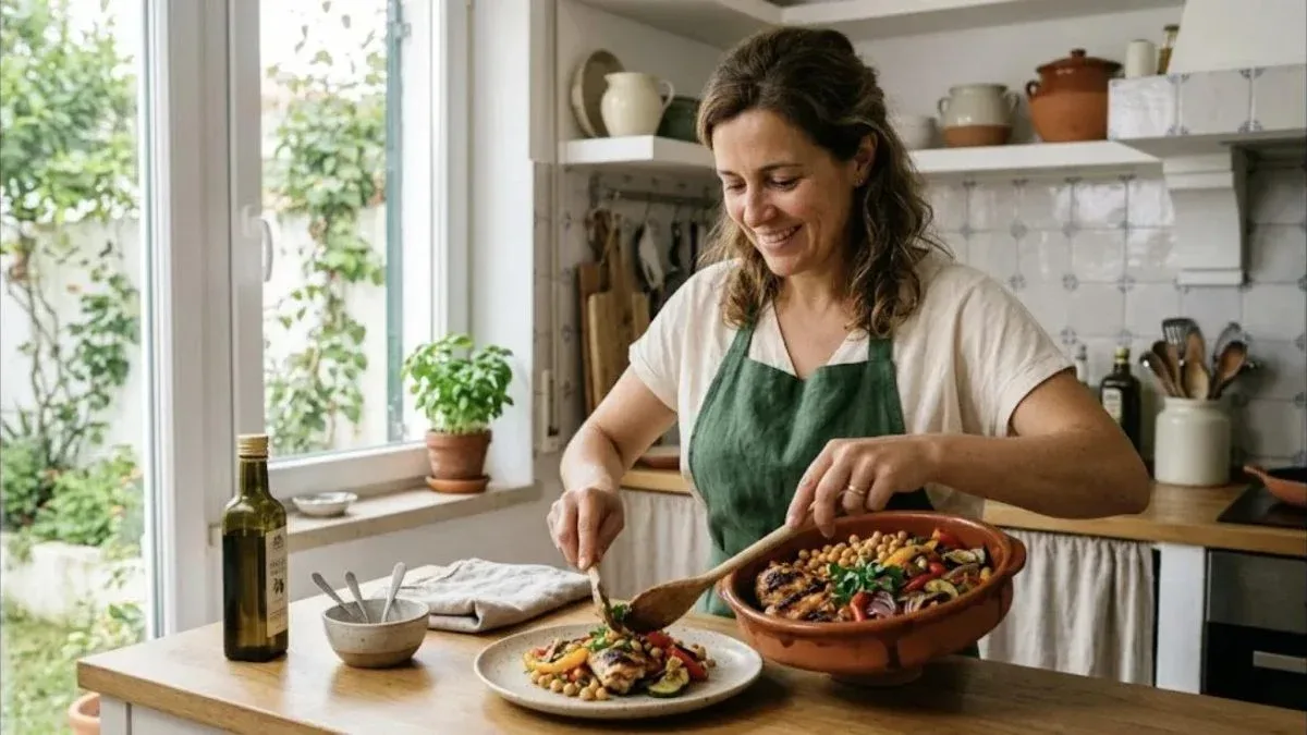 Mulher a servir uma refeição com frango grelhado, grão-de-bico e legumes numa cozinha com luz natural