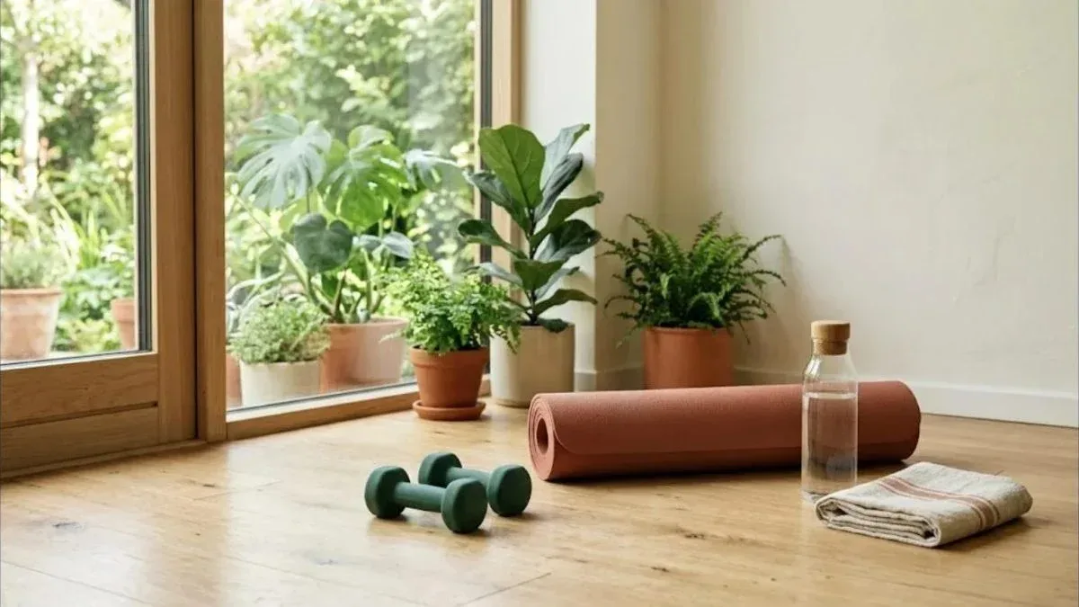 Halteres pequenos, tapete de treino e garrafa de água num chão de madeira junto a uma janela com plantas