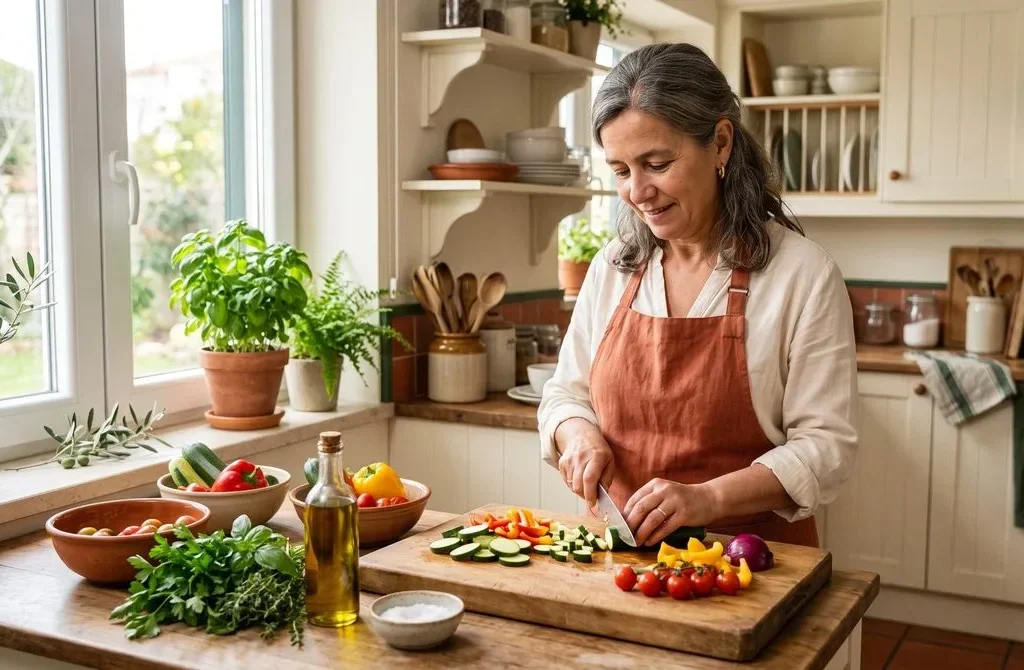 Mulher a preparar uma refeição com legumes frescos numa cozinha luminosa