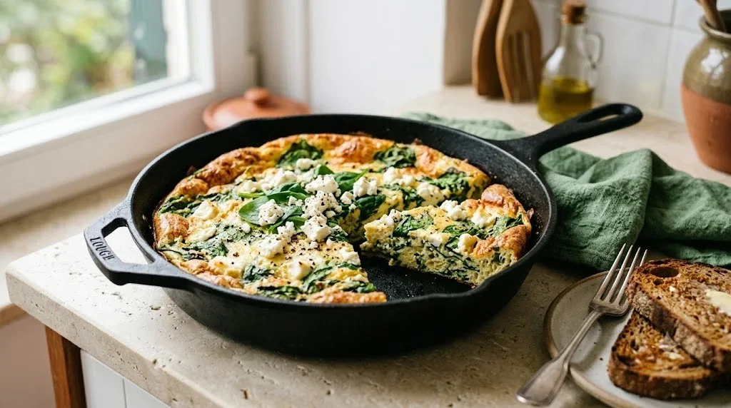 Omelete de forno com espinafres e queijo feta numa frigideira de ferro, jantar rápido para a família