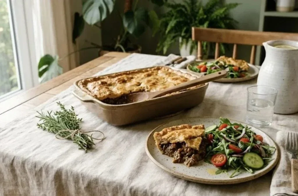 Mesa de jantar em família com uma travessa de empadão e um prato montado com empadão e salada, exemplo de plano alimentar flexível