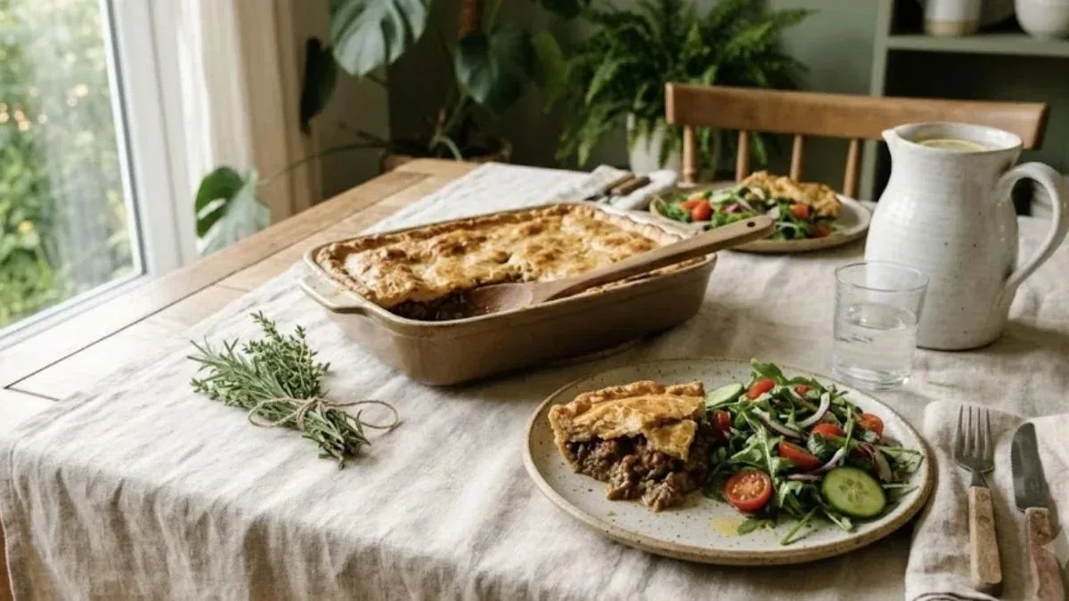 Mesa de jantar em família com uma travessa de empadão e um prato montado com empadão e salada, exemplo de plano alimentar flexível