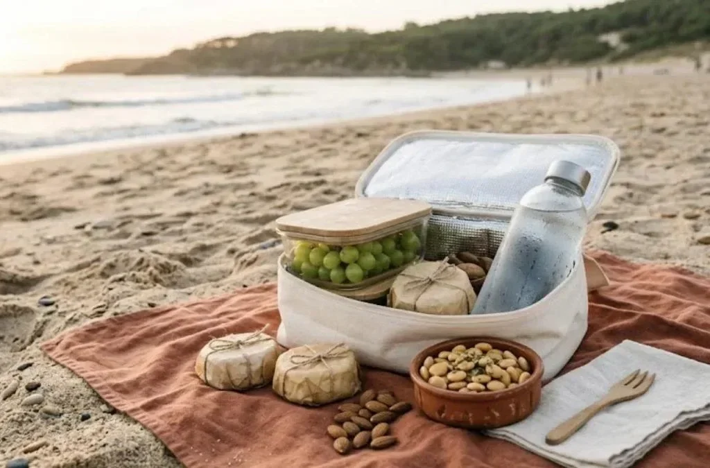 Lancheira térmica aberta numa toalha de praia com uvas, queijos, tremoços, amêndoas e uma garrafa de água fresca