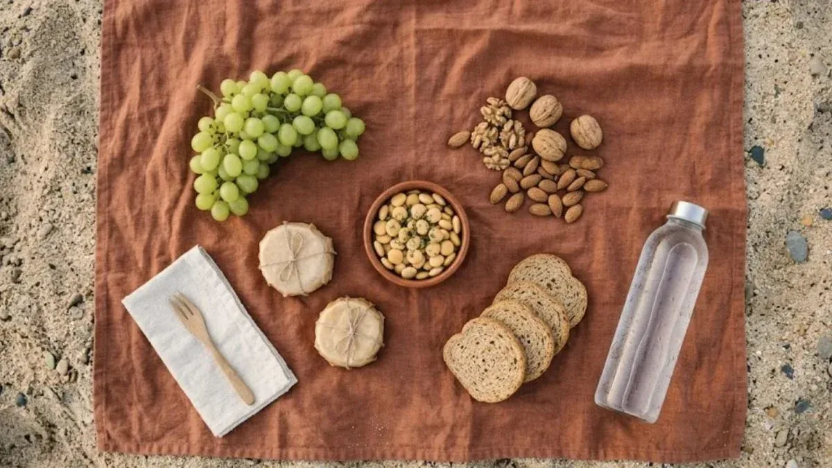 Vista de cima de uma toalha de praia com uvas, queijos, tremoços, frutos secos, tostas integrais e garrafa de água