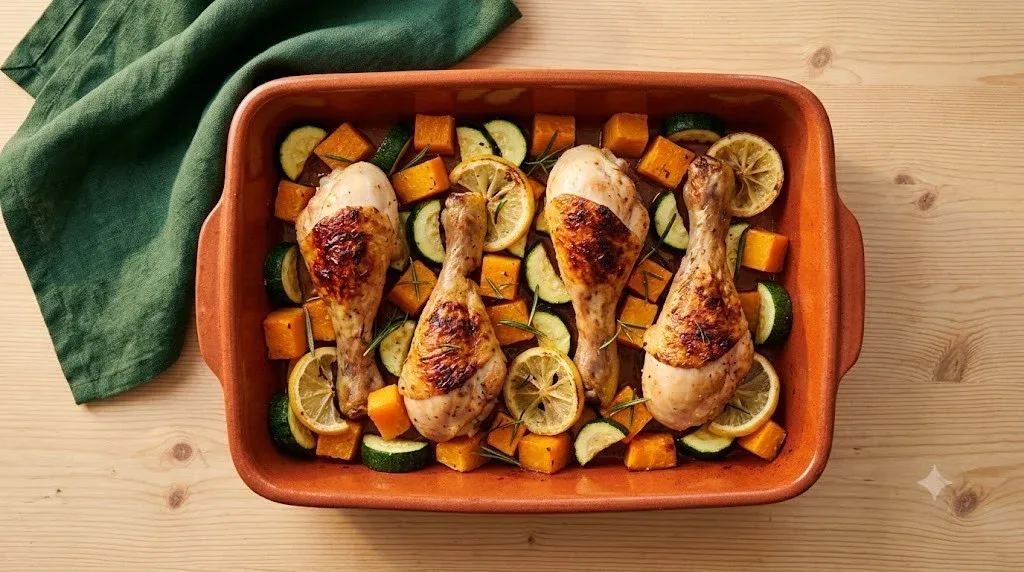 Tabuleiro de frango assado no forno com abóbora e curgete, receita de jantar para toda a família