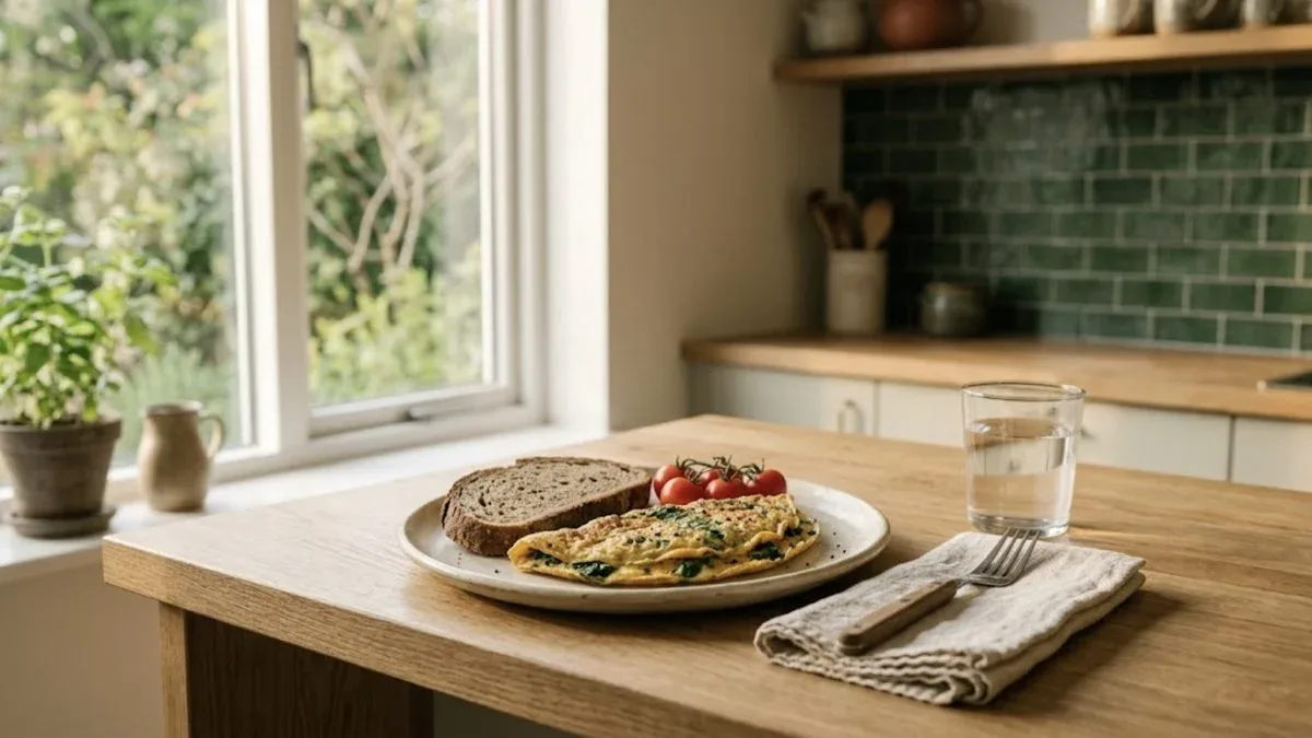 Prato com omelete de espinafres, pão escuro e tomate cereja, um jantar rápido na mesa da cozinha