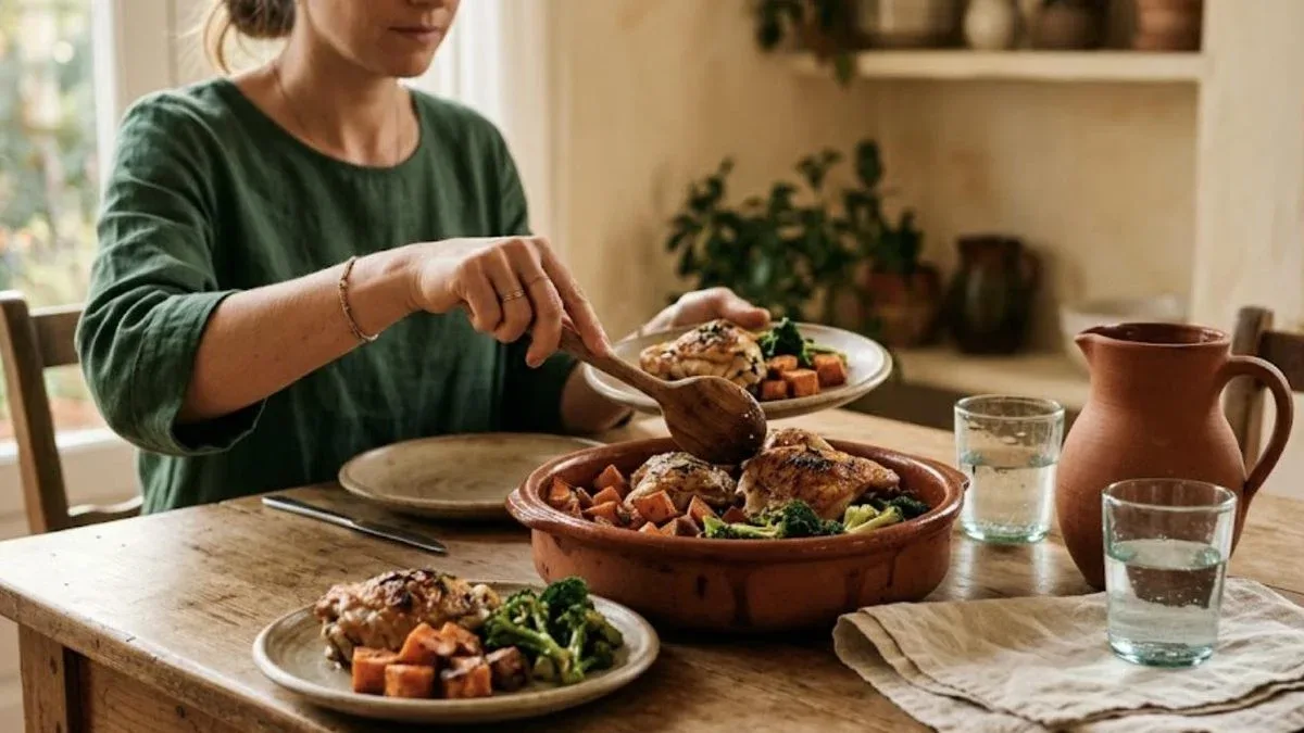 Mulher a servir frango assado com batata-doce e brócolos numa mesa de jantar de madeira