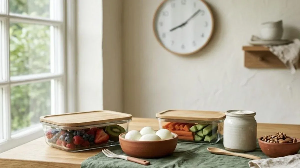 Bancada de cozinha com fruta lavada, ovos cozidos, palitos de cenoura e pepino, iogurte natural e nozes, com um relógio de parede ao fundo
