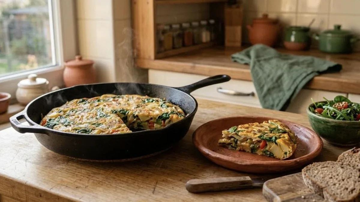 Tortilha de legumes numa frigideira de ferro, com uma fatia servida num prato de barro, pão escuro e salada