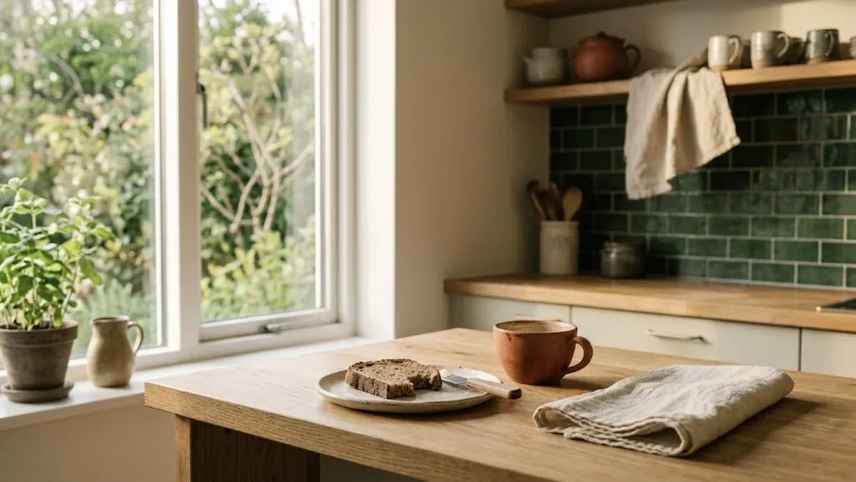 Pequeno-almoço leve com café e uma torrada de pão escuro numa mesa de madeira junto à janela