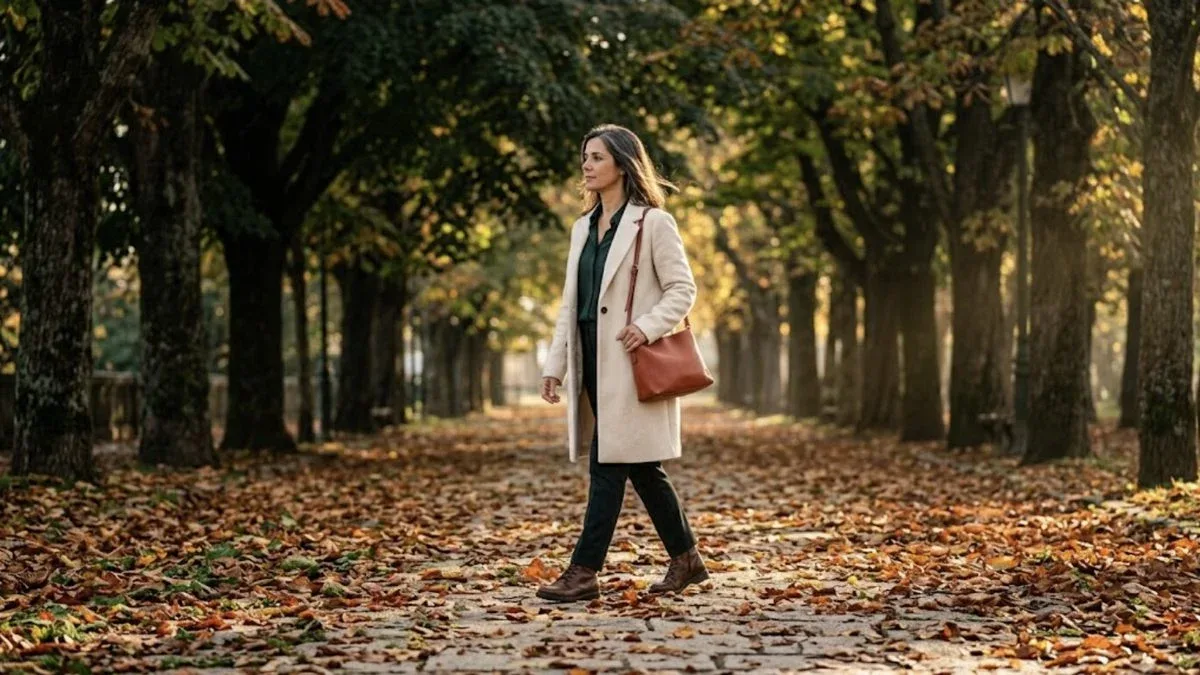 Mulher a caminhar num passeio arborizado numa manhã de outono