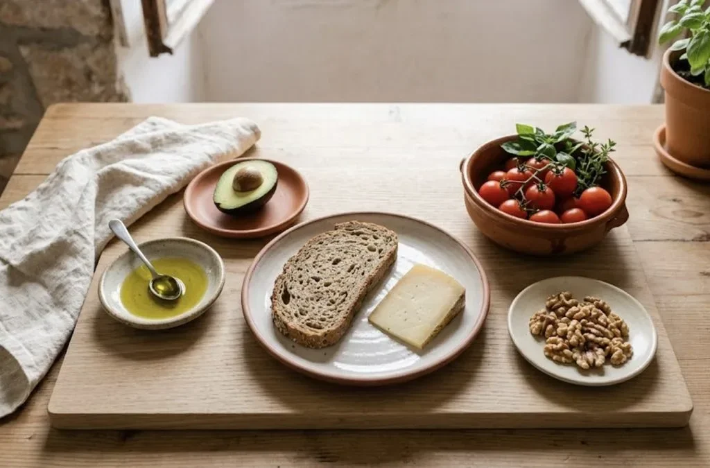 Alimentos saudáveis em porções pequenas numa tábua de madeira: azeite, nozes, abacate, queijo e pão