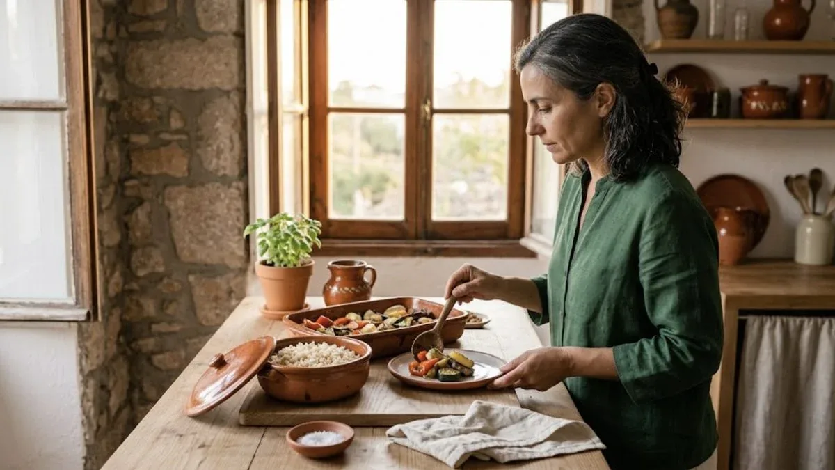 Mulher a servir o prato do jantar com legumes assados e arroz na cozinha