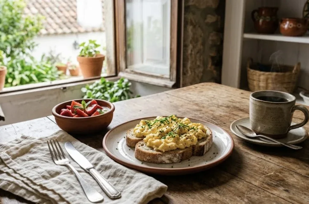 Pequeno-almoço completo com pão de mistura, ovo mexido, morangos e café numa mesa de cozinha