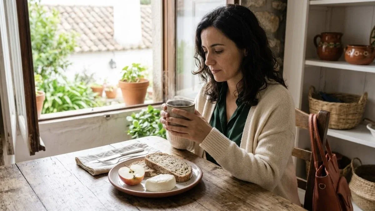 Mulher a tomar o pequeno-almoço com pão, queijo fresco e maçã antes de sair para o trabalho