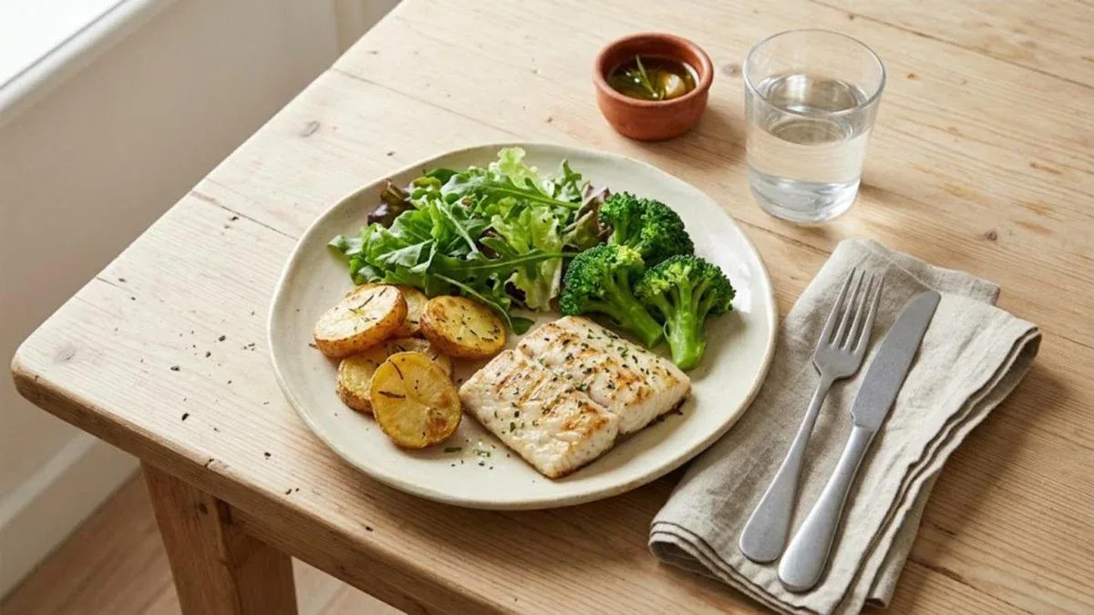 Prato de almoço com peixe grelhado, batata assada, brócolos e salada numa mesa de madeira clara